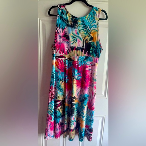 EUC Gorgeous Multicolor Sunset Tropical Palm Leaf Print Flattering MIDI Dress - Picture 3 of 12